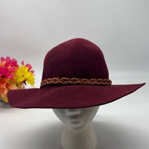 100% Wool Elegant Burgundy Wide-Brim Hat HT9277G